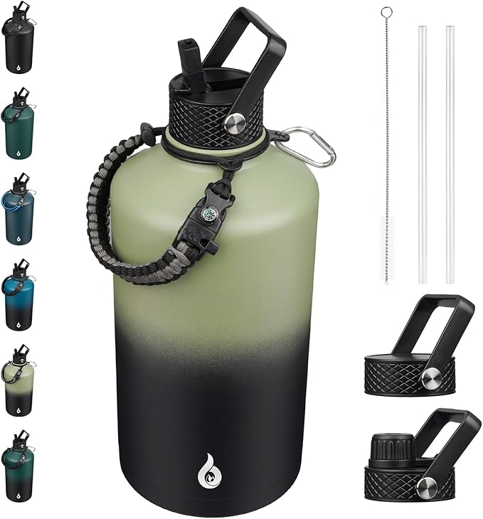 BJPKPK 1 Gallon Water Bottle with Straw Lid, 128oz Large, Stainless Steel Water Bottles with 3 Lids and Paracord Strap, Double Wall Vacuum Metal Water Jug, Camp Green & Black