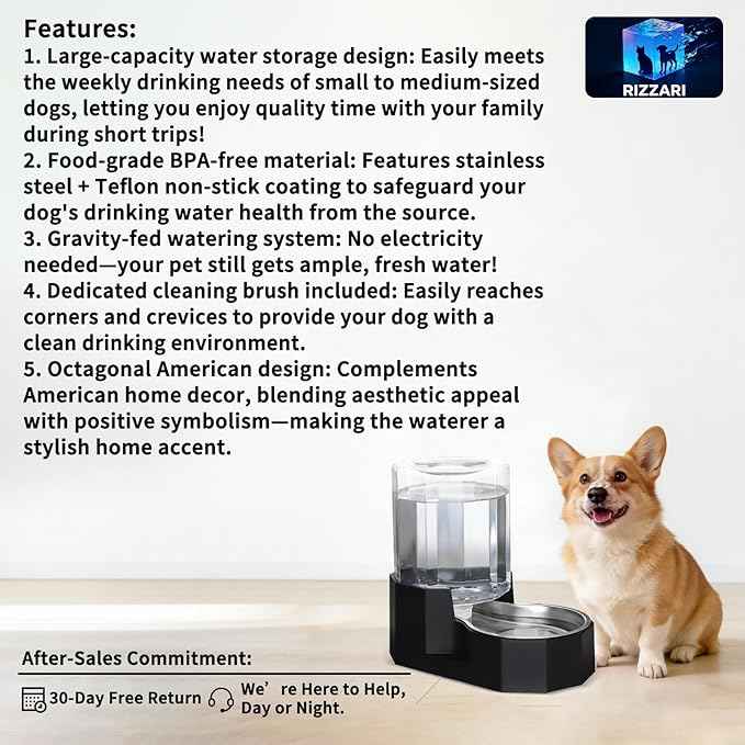 Sfozstra Large Dog Water Dispenser: 5L Automatic Gravity Water Feeder - Dishwasher-Safe Stainless Steel Bowl - Easy Clean - No Power Needed - for Cats & Small Dogs - Kitchen Corner/Crate Area
