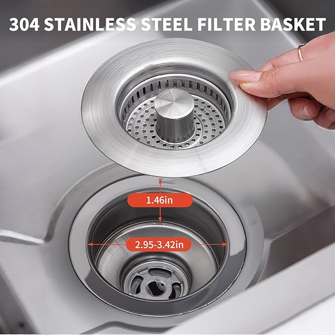 PROFECTUS 3 in 1 Kitchen Sink Drain Strainer and Stopper, 304 Stainless Steel Pop Up Sink Drain Stopper with Hair Catcher, Anti-Clog Sink Strainer for Standard 3-1/2” Kitchen Drains (SUS304 Brushed)