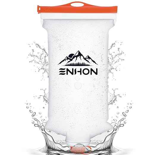 Enhon 2L Water Bag for Hiking Compatible with 28mm Sawyer Water Filter, Durable TPU Material Collapsible Bladder for Camping Fishing or Traveling, PVC Free Squeeze Pouch