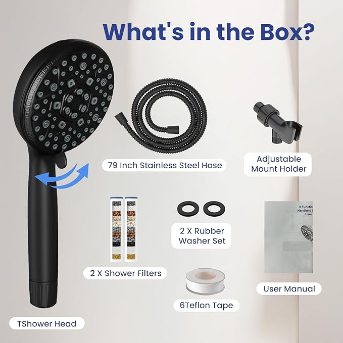 Filtered Shower Head with Handheld,7 Spray Settings High Pressure Showerhead Built in Power Wash to Clean Tub, Tile & Pet, Showerhead with Filters for Hard Water - Remove Chlorine, (black) - AquaVibe