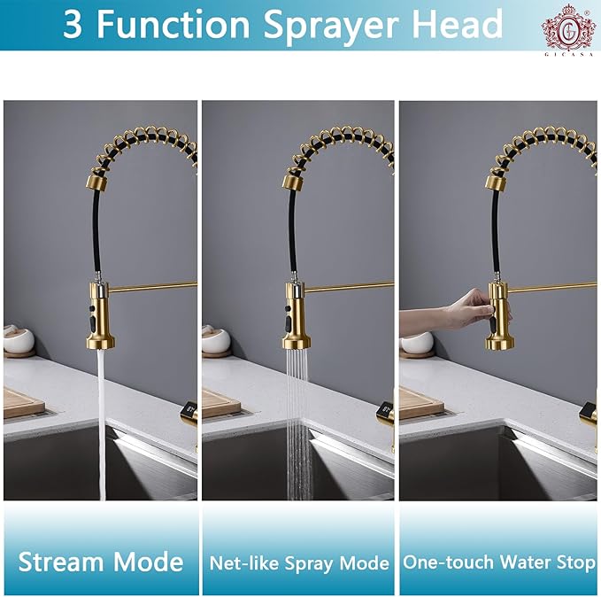 Kitchen Faucet with Temperature Digital Display, 304 Stainless Steel Kitchen Sink Faucets with Pull Down Sprayer and 3 Modes, 360 Rotatable Pull Out Kitchen Faucet, Brushed Gold