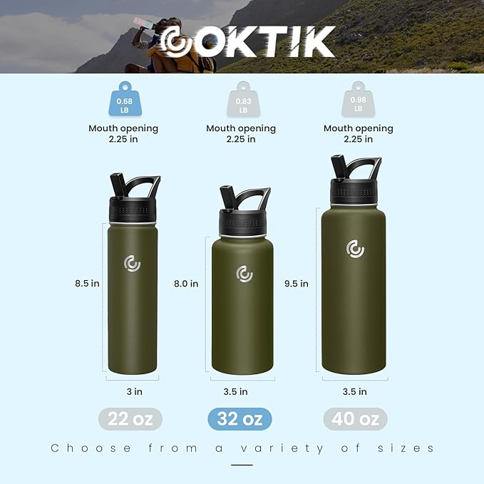 COKTIK 32oz Sports Water Bottle, Stainless Steel Water Bottle for Insulated, Reusable Travel Bottle, With Straw, With Handle Grip for Easy Carrying, Suitable for Cycling, Outdoor Vacations(Army Green)