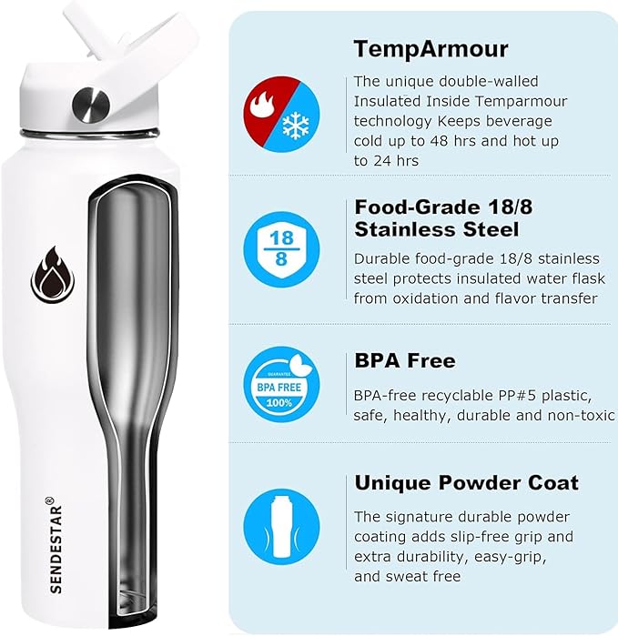 SENDESTAR Water Bottle,Wide Mouth Stainless Steel Vacuum Insulated Double Wall Keep Liquids Cold or Hot All Day,Sweat Proof Sport Design,Fit Car Cup Holder,White,32 Ounces