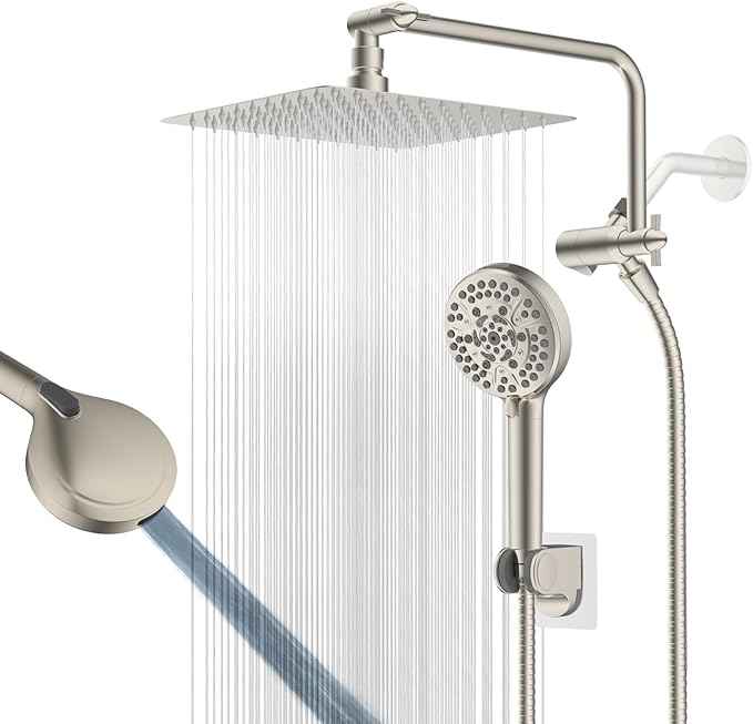All Metal Shower Head, 10" High Pressure Rainfall/Handheld Shower Combo with 11" Extension Arm, 10-Spray Handheld Showerhead, 71" Long Hose, 3-Way Diverter Valve, Brushed Nickel