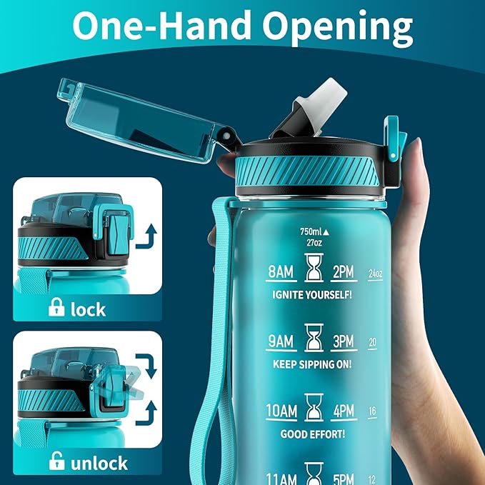Water Bottle with Straw, 27oz Motivational Water Bottles with Time Marker to Drink, Tritan BPA Free, 750ml Sports Water Bottle with Carry Strap LeakProof for School Fitness Outdoor (1Pack)