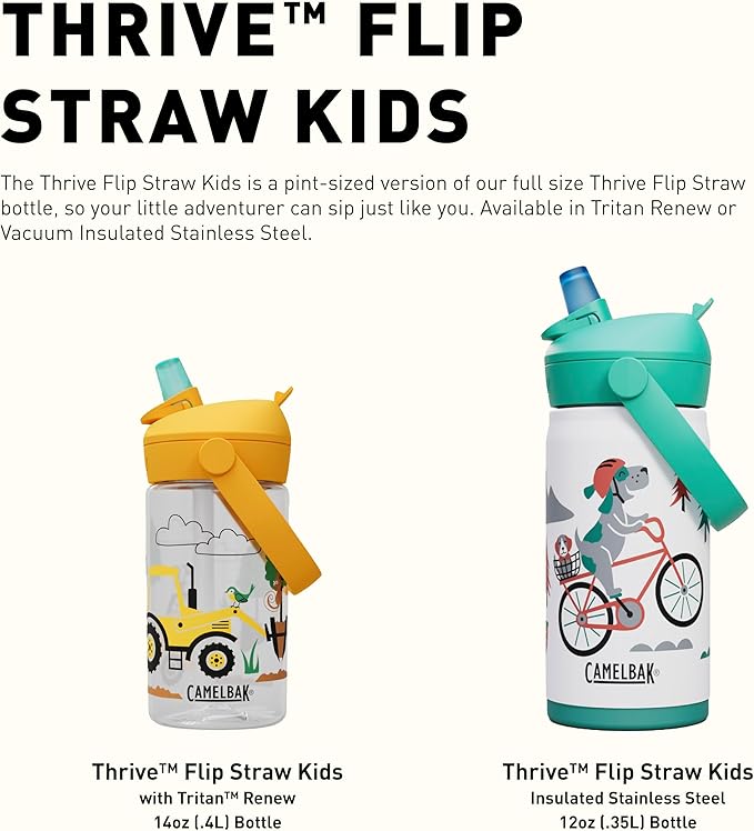 CamelBak Thrive Flip Straw Kids Bite Valve Stainless Steel Water Bottle Dino Jam, 12oz