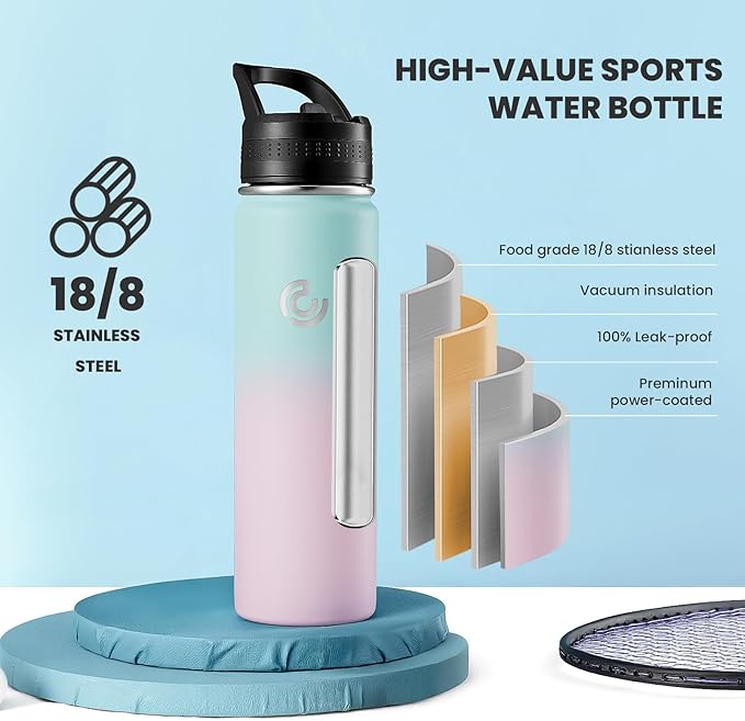 COKTIK 22oz Sports Water Bottle, Stainless Steel Water Bottle for Insulated, Reusable Travel Bottle, With Straw, With Handle Grip for Easy Carrying, Suitable for Cycling, Outdoor Vacations(Bubble Gum)