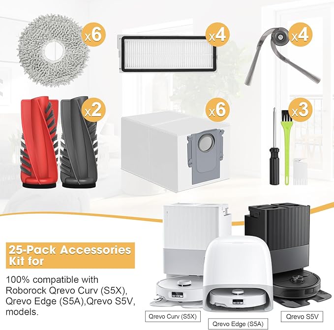 25PCS Qrevo S5V Replacement Accessories Kit Compatible with Roborock Qrevo Curv/Curv S5X/Qrevo Edge/Edge S5A Includes Dual Main Brush, HEPA Filters, Mop Pads, Side Brushes, Dust Bag and Tools - AquaVibe