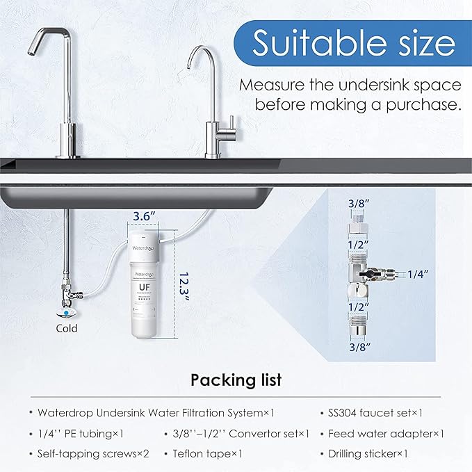 Waterdrop 10UBW-UF 0.01 μm Ultra Filtration Under Sink Water Filter System for Baçtёria Reduction, Reduces Lead, Chlorine, Bad Taste & Odor, 8K Gallons, with Dedicated Faucet, USA Tech