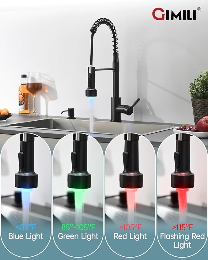 GIMILI Matte Black LED Kitchen Faucet with Soap Dispenser, Modern Single Handle Spring Kitchen Sink Faucets with Pull Down Sprayer