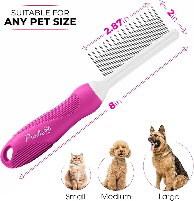 Poodle Pet Detangling Pet Comb with Long & Short Stainless Steel Teeth for Removing Matted Fur, Knots & Tangles – Detangler Tool Accessories for Safe & Gentle DIY Dog & Cat Grooming (Pink) - AquaVibe