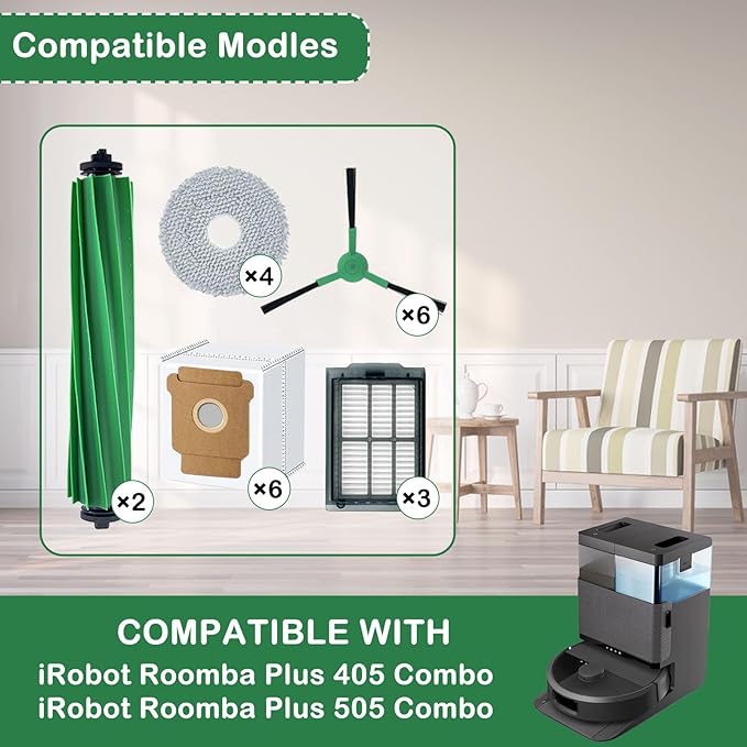 22 Pcs Replacement Parts for iRbot Roomba Plus 405 Combo/505 Combo Robot Vacuum Accessories Kit, Includes 2 Roller Brush,3 HEPA Filters, 4 Mop Pads, 6 Side Brush, 6 Dust Bags - AquaVibe