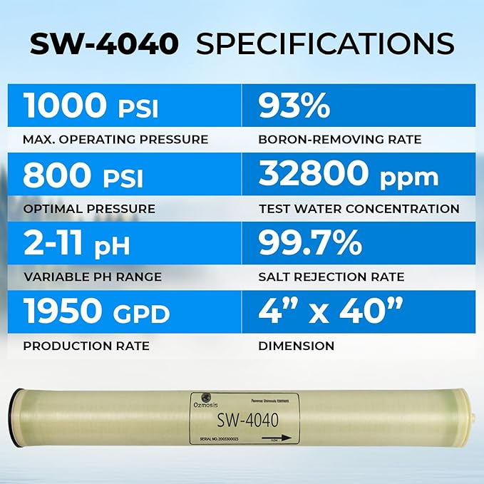 Ozmosis 4" x 40" Seawater Desalination Reverse Osmosis Membrane, 1950 GPD Water Filtration with 99.7% Salt Rejection rate, Commercial and Residential Use, Natural Yellow