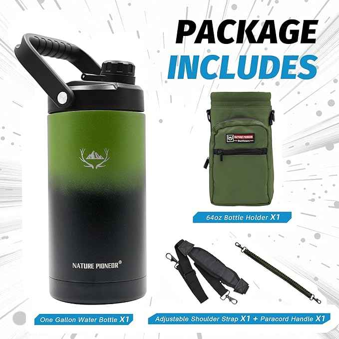 NATURE PIONEOR 64 oz Insulated Water Bottle - Double Vacuum Stainless Steel Half Gallon Water Jug with Holder/Carrier, Wide Mouth, Outdoor Sports, Hiking, Camping, Gym