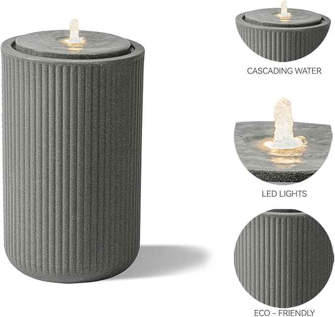 23.22” H Outdoor Water Fountain Made with Eco-Friendly Recyclable Materials, Polyethylene Round Bubbler Water Fountain Outdoor, Garden Decor with LED Light for Patio, Porch, Backyard