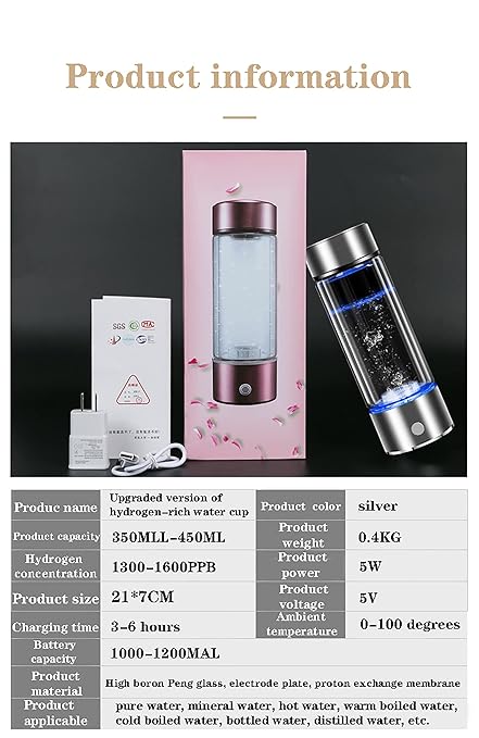 Hydrogen Water Generator, 2-in-1 USB Rechargeable Glass Hydrogen Water Generator Bottle, High-Concentration Up to 1300-1600ppb, for Sport Home Travel Picnic