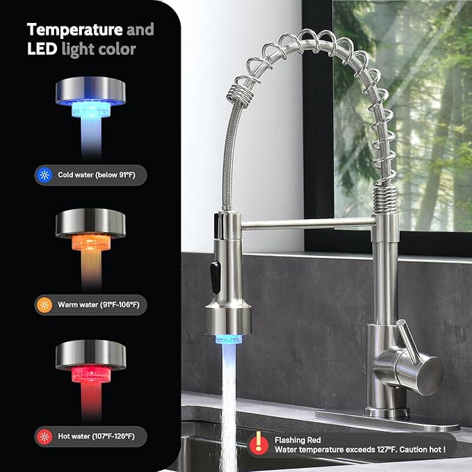 WEWE Kitchen Faucets, Brushed Nickel Kitchen Faucet with Pull Down Sprayer Spring Single Handle Stainless Steel Kitchen Sink Faucet with LED Light Deck Plate for Laundry Rv