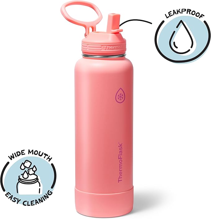ThermoFlask 40 oz Double Wall Vacuum Insulated Stainless Steel Water Bottle with Straw Lid, Sunkissed Coral