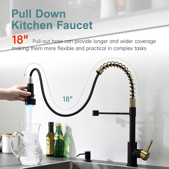 GIMILI Black and Gold Kitchen Faucet with Soap Dispenser Single Hole Pull Down Sprayer LED Faucet, Suitable for Farmhouses, RV, Laundry Room, Outdoor, and Campers. Llave para fregadero de cocina