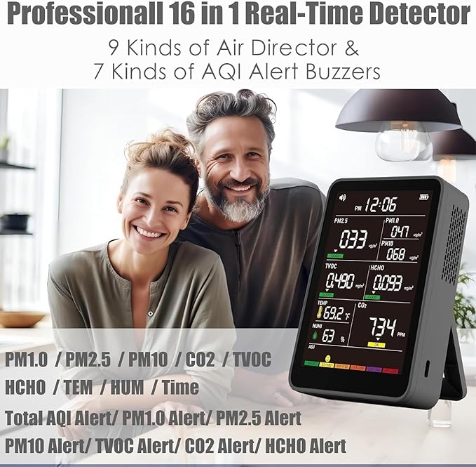 Professional Indoor Air Quality Monitor with AQI Beep Alarms, Portable Real-Time Detector for Home Cars Plants and Pets
