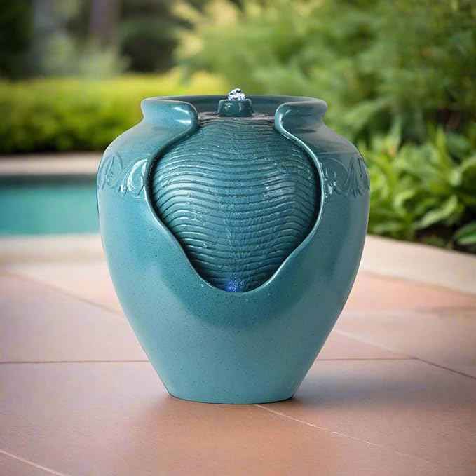 Teamson Home Floor Glazed Pot Water Fountain with Built-in LED Light and Pump for Outdoor Indoor Patio Garden Backyard Decking Home Décor, 17 inch Height, Teal