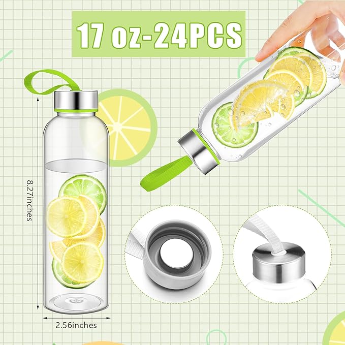 Zubebe Reusable Clear Water Bottles Bulk with Stainless Steel Leak Proof Lids Sports Bottles with Nylon Camying Strap for Party Gift Water Milk Smoothie Juice Beverage