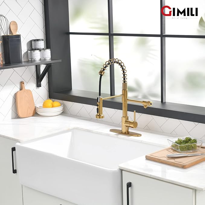 GIMILI Brushed Gold Drinking Water Faucet 3 in1 Commercial Style Pull-Down Single Handle Filter Kitchen Faucet for Water Filtration System,Without Water Filtration Device