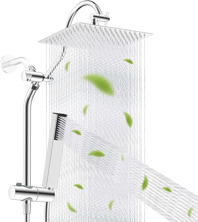 Hibbent cUPC Certified High Pressure 12'' Rainfall Shower Head, Showerhead Combo with 4-mode Handheld Spray, 12'' Adjustable Extension Arm, Extension Bar, Easy Reach Holder, 71'' Hose, Chrome