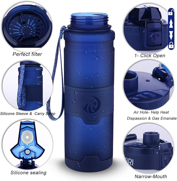 ZORRI Sports Water Bottle, 400/500/700ml/1L, BPA Free Leak Proof Tritan Lightweight Bottles for Outdoors,Camping,Cycling,Fitness,Gym,Yoga- Kids/Adults Drink Bottles with Filter, Lockable Pop Open Lid