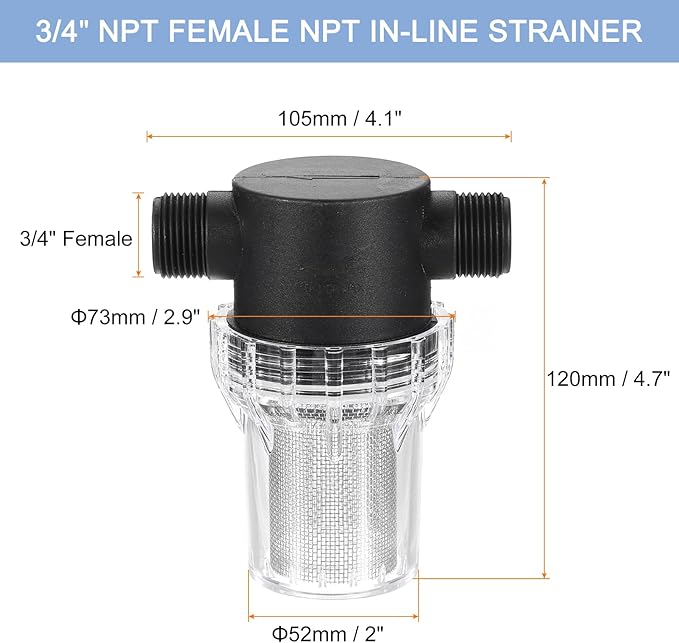 uxcell Pressure Washer Filter 3/4" NPT Female Thread, Inline Mesh Strainer Attachment, Outlet for Pipe Strainer, Stainless Steel Screen with Sealant Tape (Size:20 Mesh) - AquaVibe
