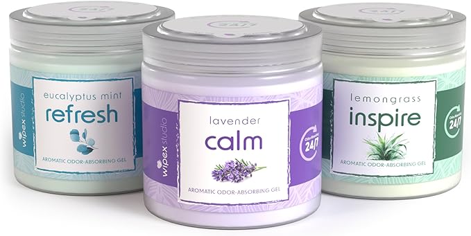 Wipex Odor Eliminator Gel Jar Variety Pack, 3pk - Odor Eliminator for Home, Odor Absorber with Inspire Lemongrass, Refresh Eucalyptus and Mint, Calm Lavender Scents, 3pk