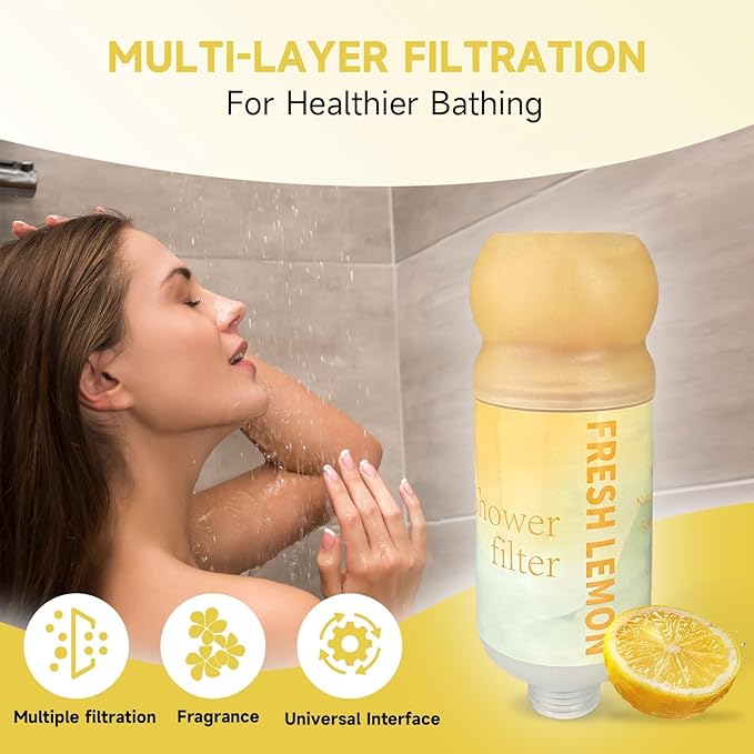 Vitamin C Shower Filter for Hard Water, Aromatherapy Softener Purifier, Easy Installation,Brighter Skin & Hair, Chlorine Free, Suitable for any shower head (Refreshing Lemon)