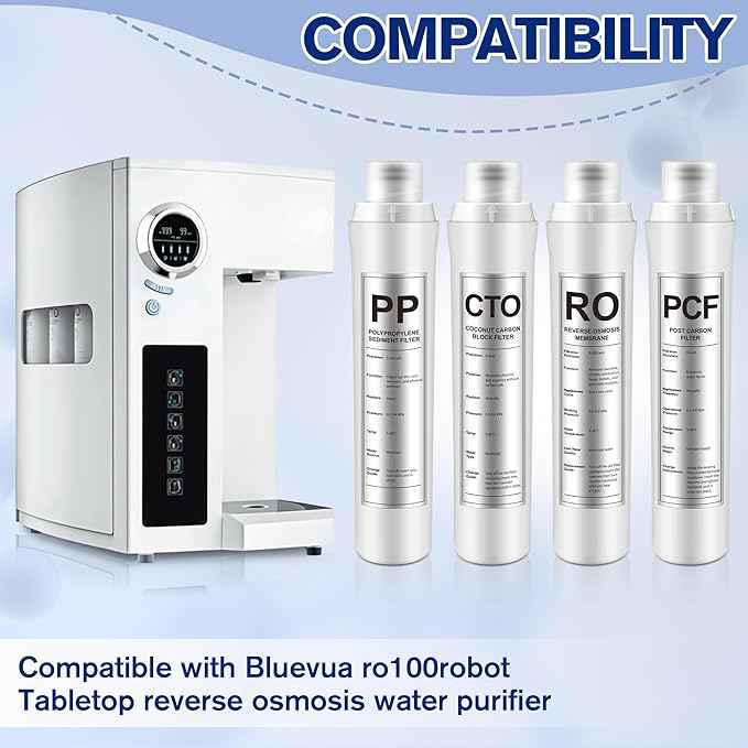 4 Pack Water Filter Replacement Compatible with Bluevua RO100ROPOT, Water Filters Set, 1 PP, 1 CTO, 1 RO, 1 PCF, Improved Drink Quality, Easy to Replace for Household Daily Use