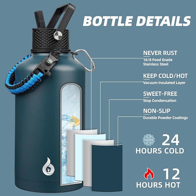 BJPKPK 2/3 Gallon Water Bottle with Straw Lid, 87oz Large, Stainless Steel Water Bottles with 3 Lids and Paracord Strap, Double Wall Vacuum Metal Jug, Navy Blue