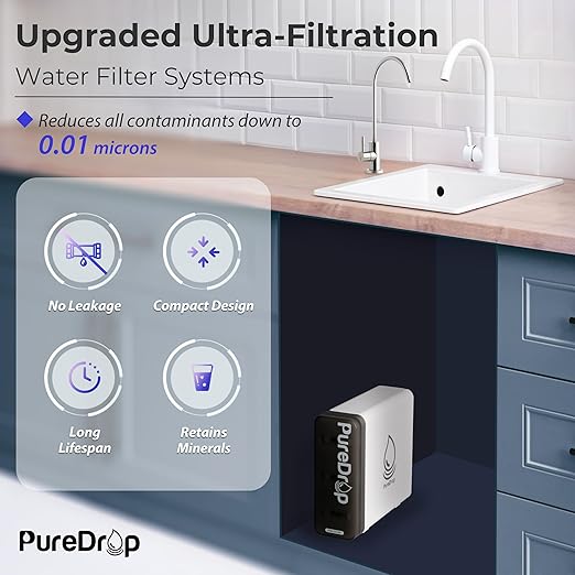 PureDrop PDR-3CUW 0.01μm Ultra-Filtration Under Sink Water Filter System, SGS-Tested Tankless 3-Stage Compact Undersink Water Filtration with Faucet, Removes Chlorine, Bad Taste & Odor, No Waste Water