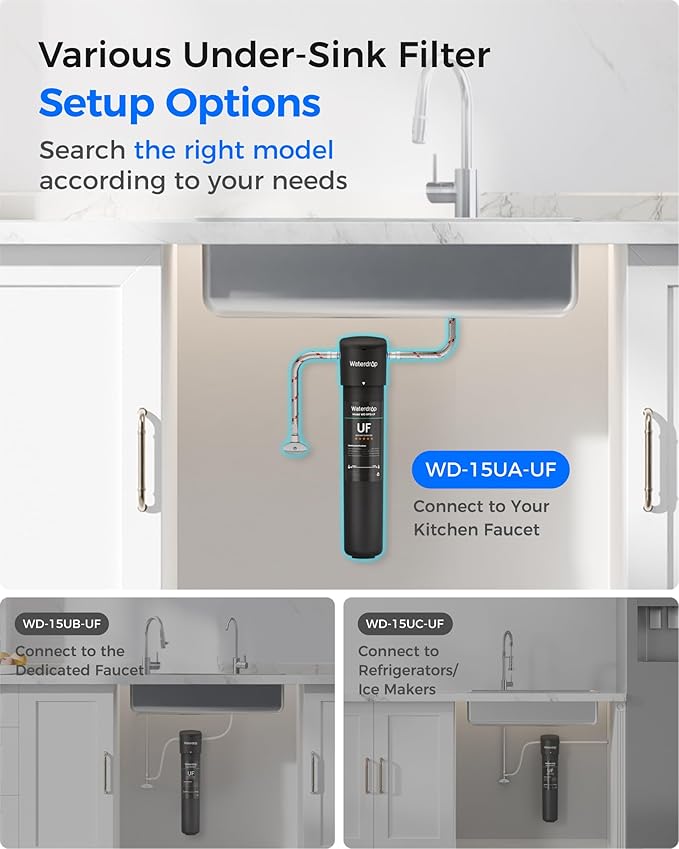 Waterdrop 15UA-UF Ultra Filtration Under Sink Water Filter System and Waterdrop RF15-UF 0.01 Micron Replacement Filter Cartridge for 15UA/15UA-UF/15UB/15UB-UF/15UC/15UC-UF Under Sink Water Filter