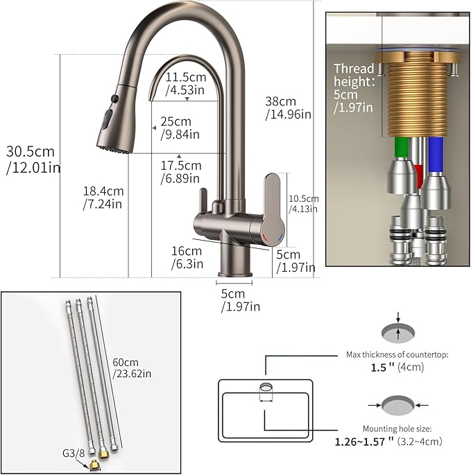Kitchen Sink Faucet with Pull - Down Sprayer, 2 - Handle 3 - in - 1 Kitchen Sink Filter Faucet, Cold and Hot Mixer Drinking Water Faucet (Grey-02)
