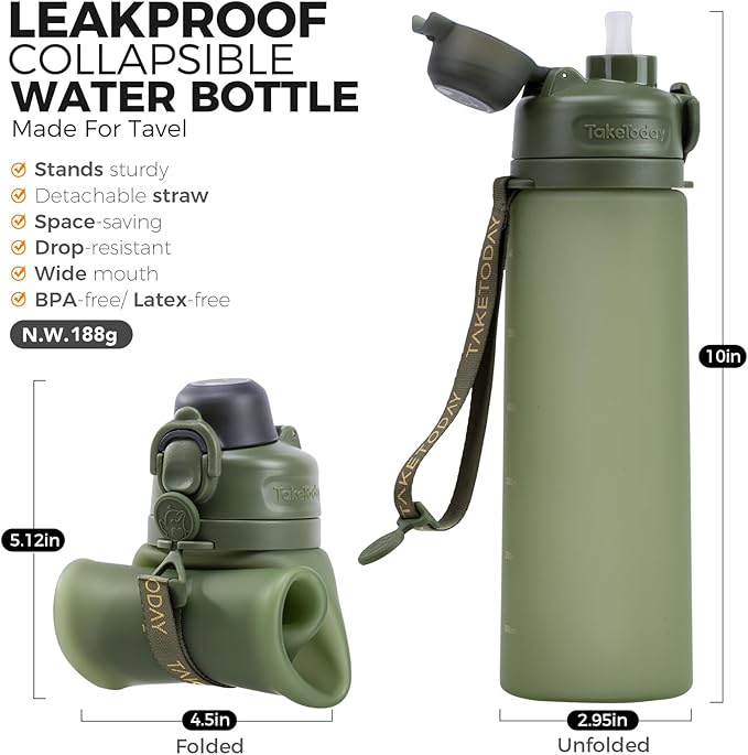 TakeToday Collapsible Water Bottles 20oz (600mL), Foldable Platinum Silicone Travel Water Bottle with Straw & Carry Strap, Leak-Resistant Screw Lid, Wide Mouth, BPA-Free for Hiking, Camping, Travel
