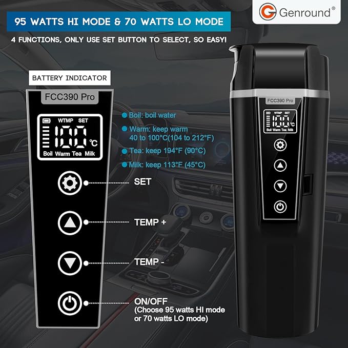Car Electric Kettle,Electric Heated Travel Mug,400ml Portable Water Boiler Heated Mug,40-100℃ Temperature Adjustable,Car Coffee Warmer Car Heating Cup