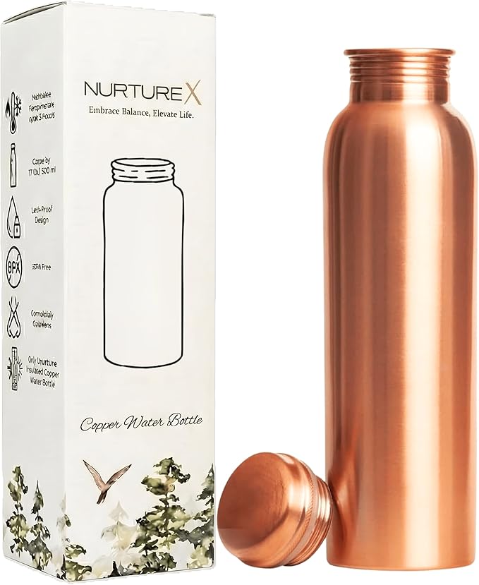 Copper Water Bottle, 34 Oz / 1 Liter, ANTI-TARNISH Protective Coating, Leak-Proof, Joint-Free, Handcrafted, Eco-Friendly & Ayurvedic Drinkware for Yoga, Gym & Office - Smooth