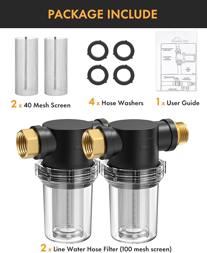 Twinkle Star 2 Pcs Hose Filter, Attachment Line Garden Hose Water Filter with 100 Mesh and 40 Mesh Screen, Garden Hose Filter Pressure Washer Inlet for RV Camping Car Wash Water Hose