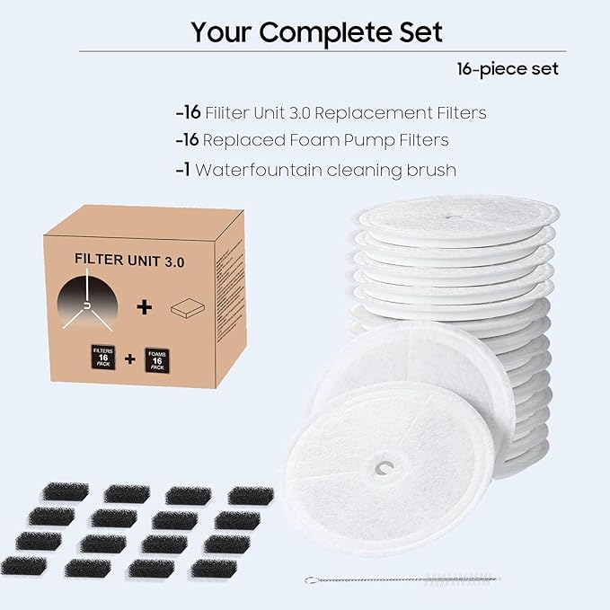 16 PCS Upgraded Filter Unit 3.0 Pet Cat Water Fountain Filters Fit For E versweet Solo 2/Solo SE, E versweet 3 Pro/2S/3, Including Replacement Filters and Replaced Foam Pump Filter (16 pcs)