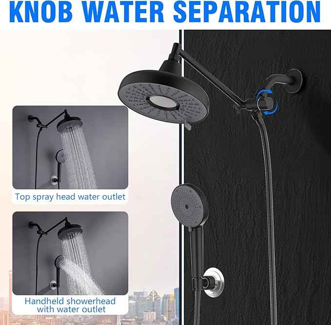 Dual Filtered Shower Head, 8 Inch 3 Spray Mode High Pressure Rainfall Showerhead with Handheld Combo, 10 Inch Adjustable Extension Arm and 60" Hose, Shower Head Filter for Hard Water, Black