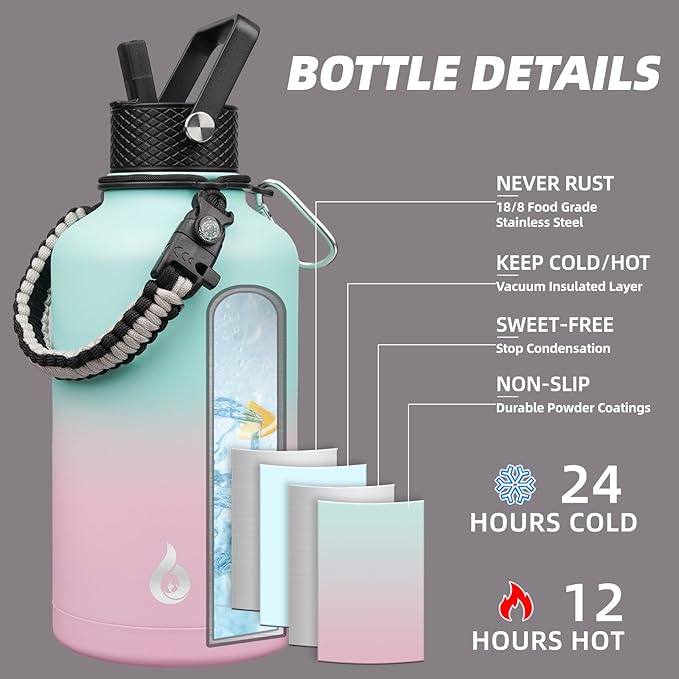 BJPKPK Half Gallon Insulated Water Bottles with 3 Lids and Paracord Strap, 64oz Large, Stainless Steel Water Bottles with Straw Lid, Half Gallon Water Jug,Marshmallow