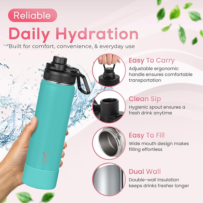 Y TOP 18 oz Insulated Water Bottle Leak Proof Spout Lid Fits in Car Cup Holder – Double Wall Dishwasher Safe Easy Clean stainless steel drinking water bottle for Gym Kids Sports Travel Hiking School