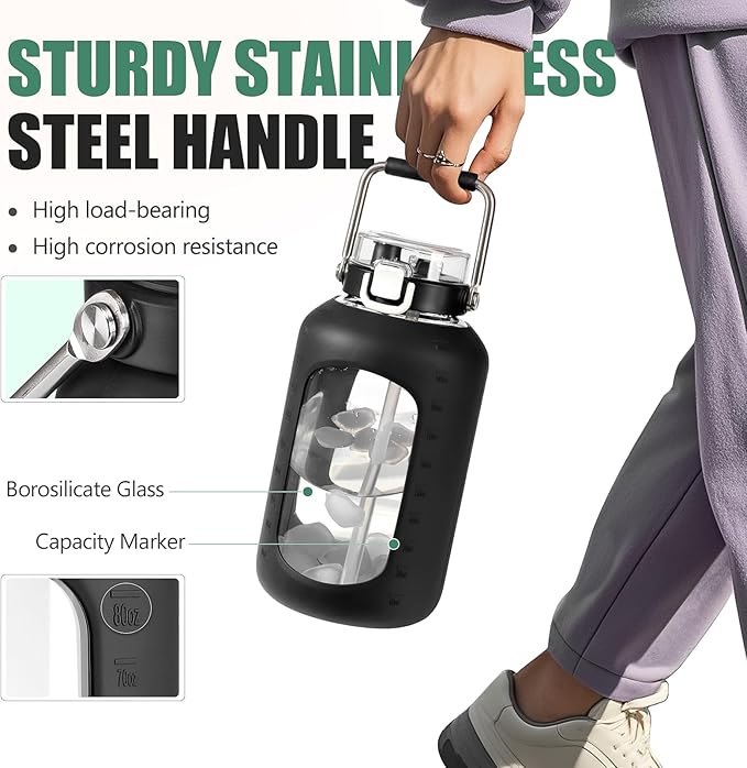 Large Glass Water Bottles with Stainless Steel Handle,100 oz Gallon Drinking Bottle with 2-in-1 Straw Lid,3 Liter Glass Water Jug with Silicone Sleeve,Wide Mouth,Black