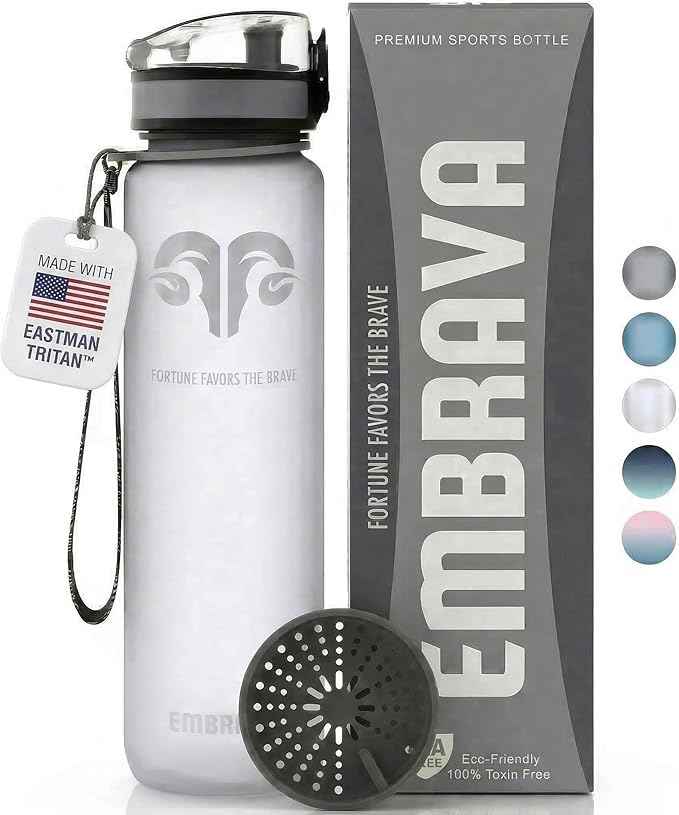 Embrava Sports Water Bottle 32oz - Fast Flow Flip Top Lid - BPA & BPS Free Leakproof Reusable - Lightweight Non-Toxic Tritan Plastic 1 Liter - Gym Hiking Office School Travel
