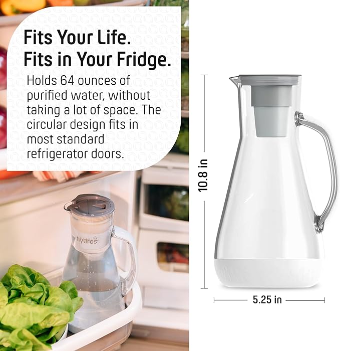 Hydros 64 Ounce Water Filter Pitcher with Patented Fast Flo Tech, 60 Second Quick Fill-Up and BPA-Free Recyclable Filter, Eight Cup Capacity, White