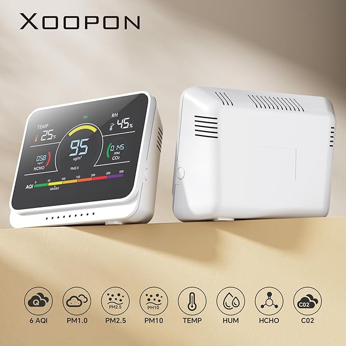 Xoopon Air Quality Monitor Indoor with Beep Alarm Portable Formaldehyde/PM1/PM2.5/PM10/Co2 Detector for Travel Carbon Dioxide Detector Tester Hcho Sensor for Home (Silver White)